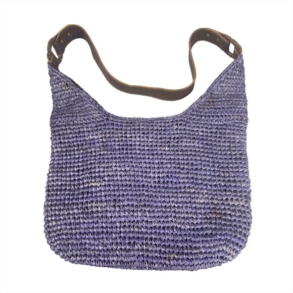 J.JILL Woven Straw Shoulder Bag Blue Boho Hobo Tote Leather Strap - Picture 6 of 10